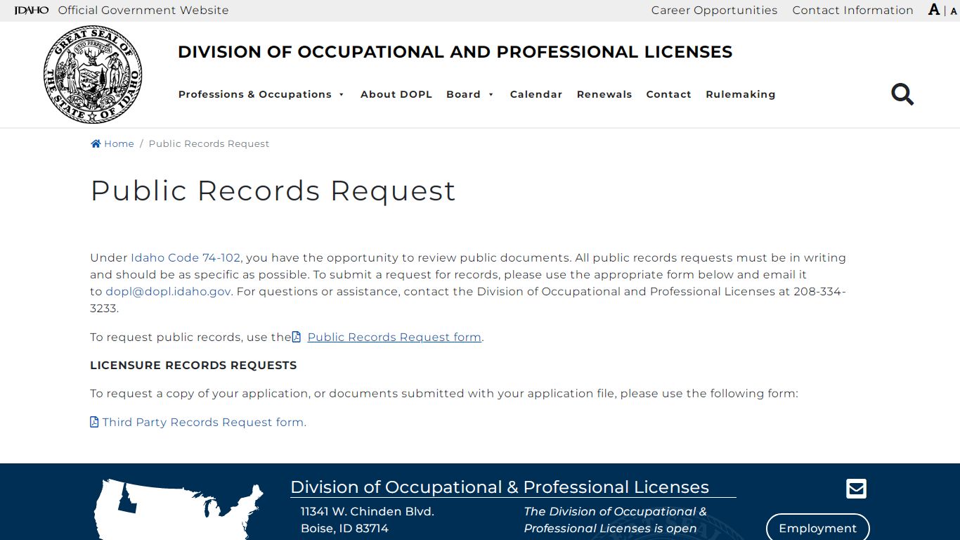 Public Records Request - Division of Occupational and ...