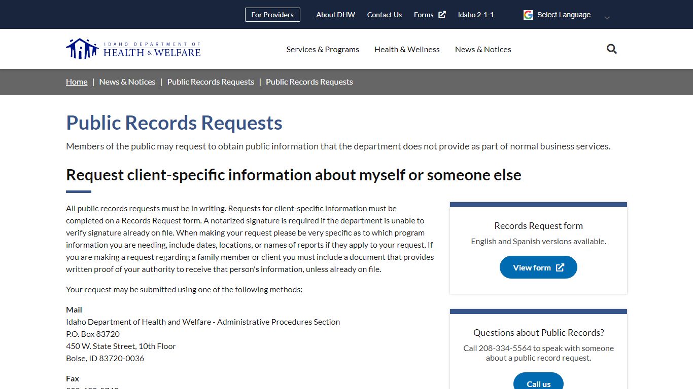 Public Records Requests | Idaho Department of Health and ...