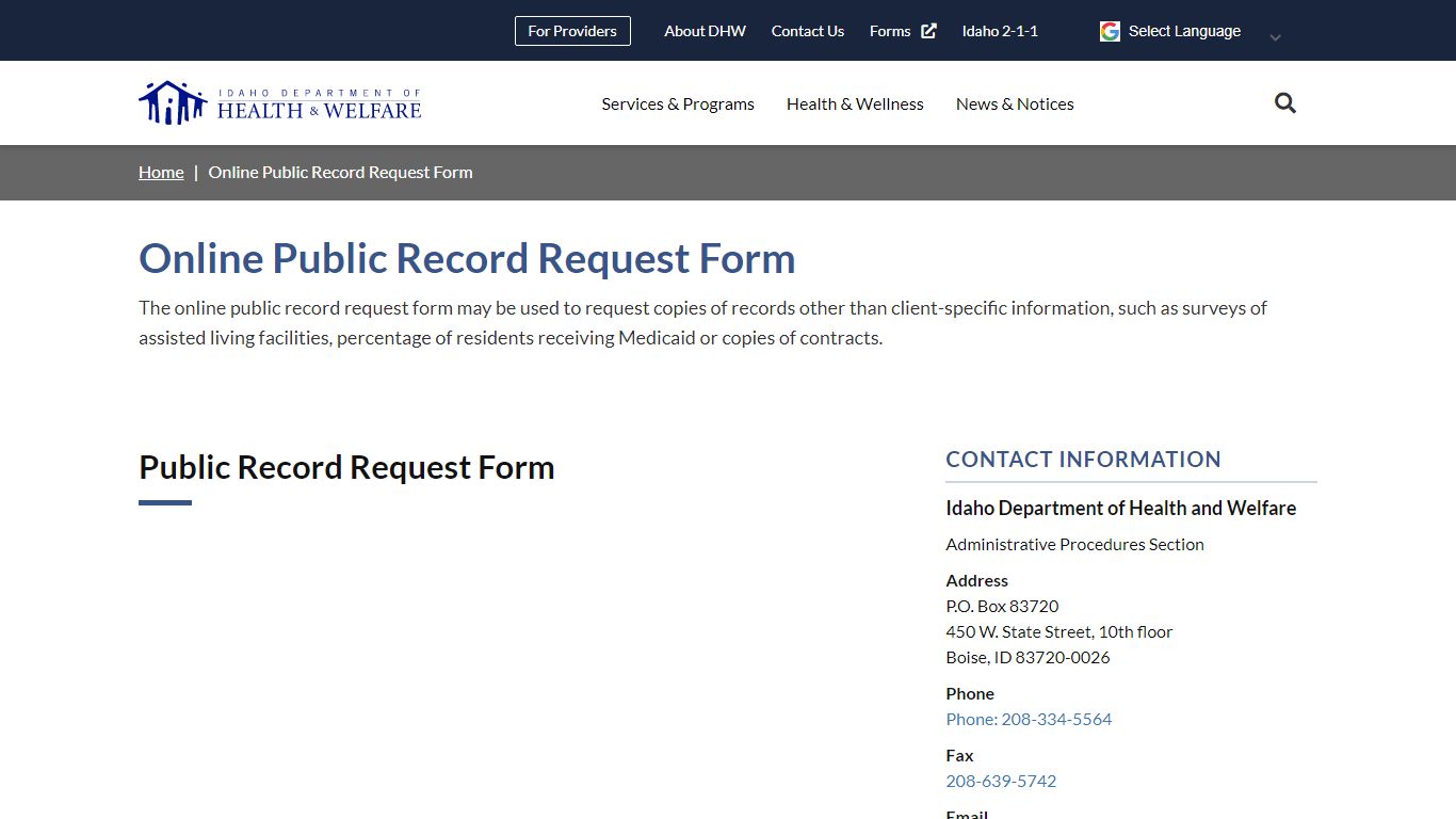 Online Public Record Request Form | Idaho Department of ...