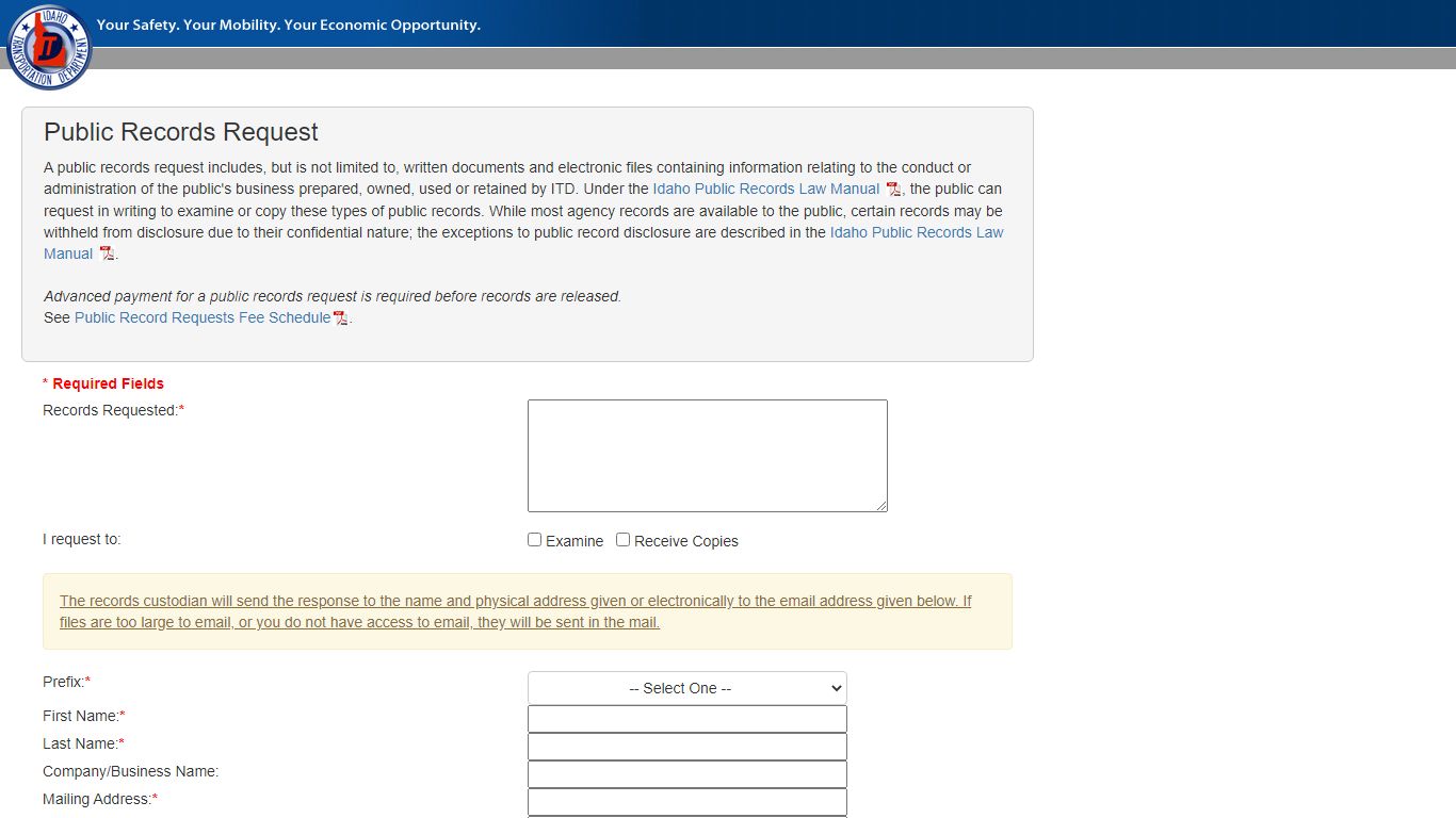 Public Records Request - Idaho Transportation Department